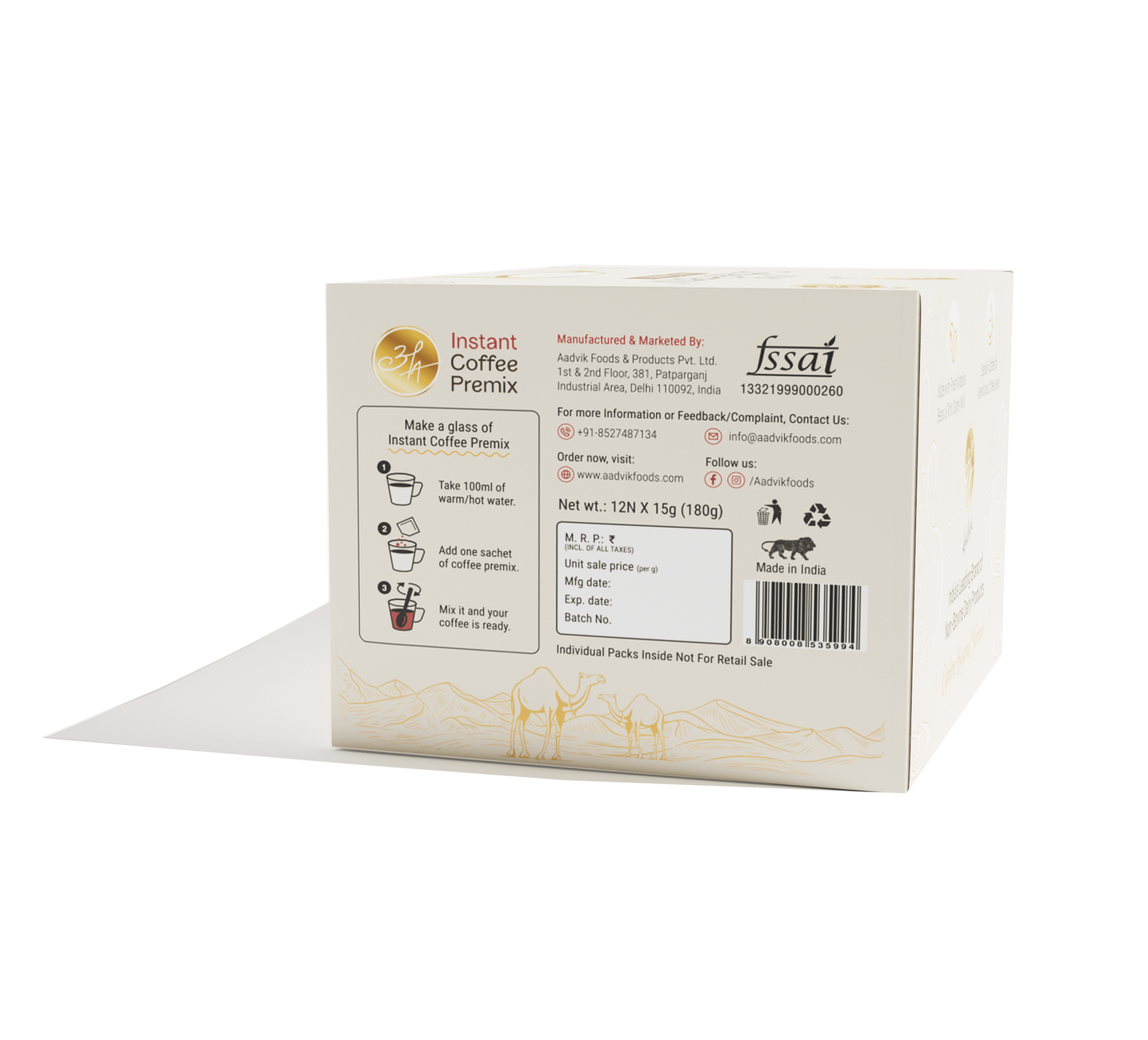 Coffee Premix | Nutrient Rich Instant Coffee Infusion with Camel Milk 15g x 12 Sachets 180g