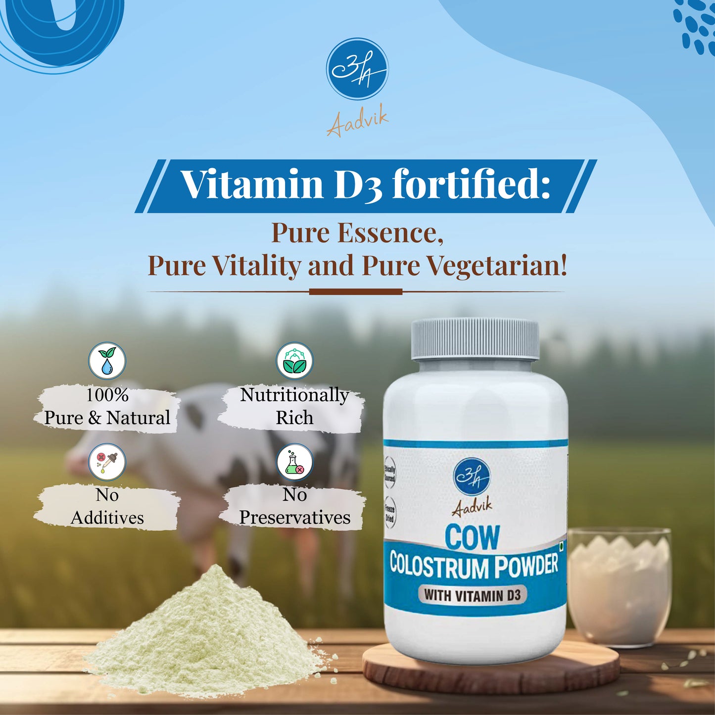 Cow Colostrum Powder now with Vitamin D3 (600 IU per serving) | 100g 3.52oz